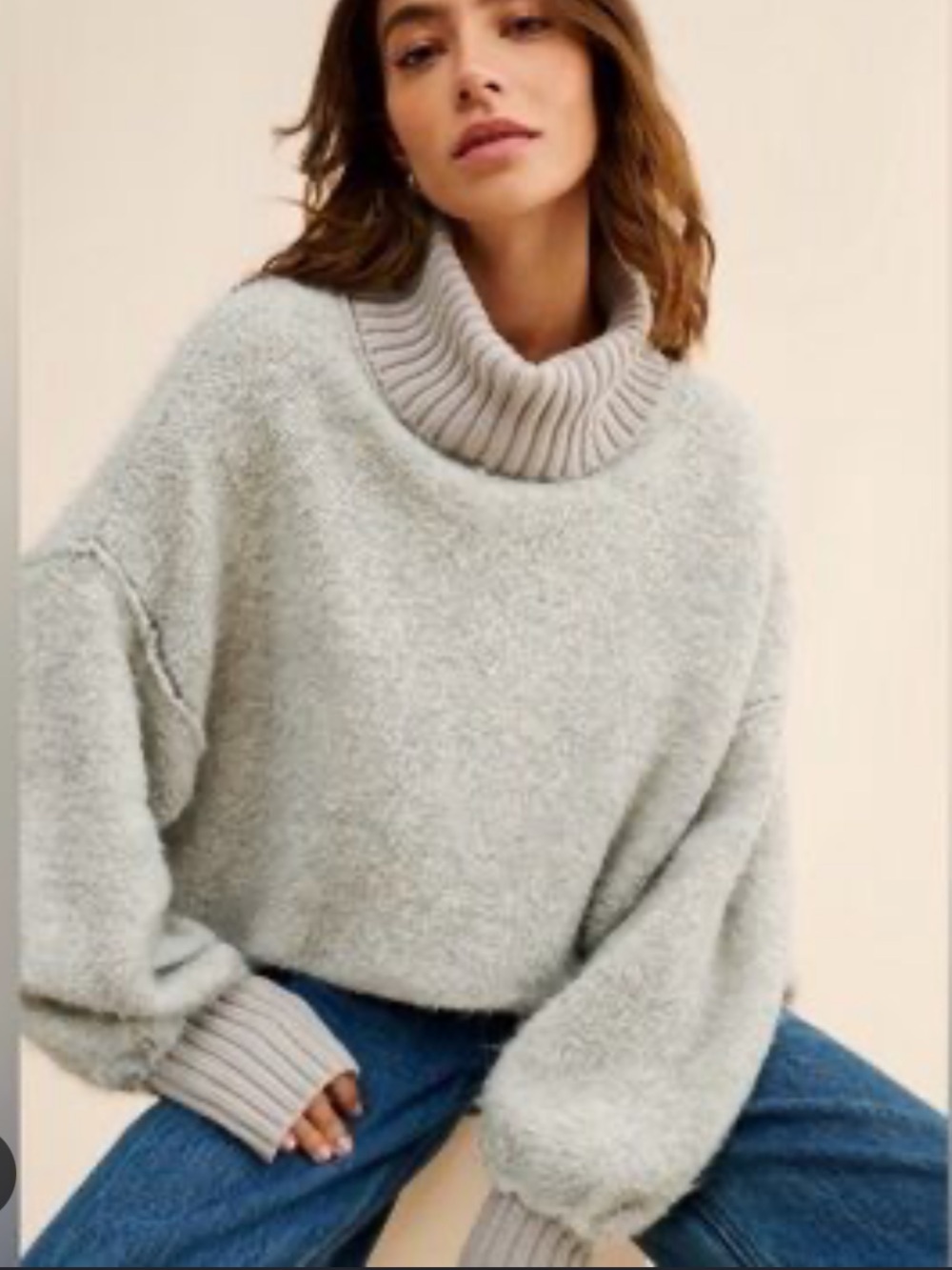 Free People Oversized Cowl neck Plush Cozy Balloon Sleeve in Light Gray